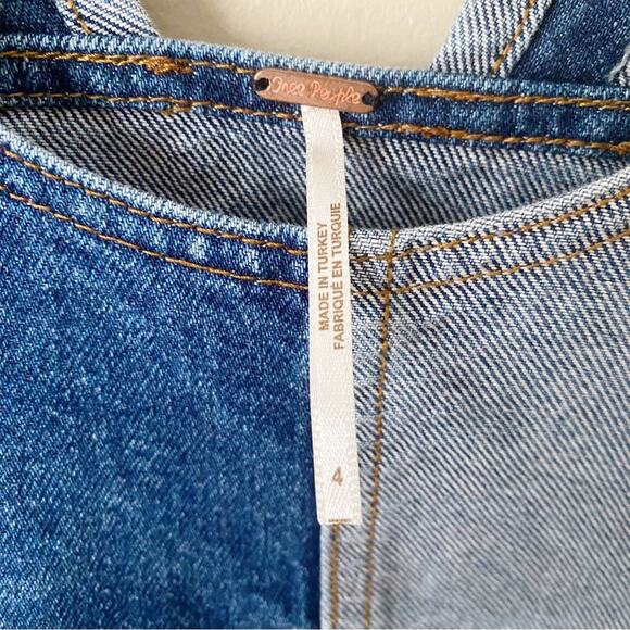 Free People | Patchwork Denim Jumper Overall Mini Dress Distressed Pockets SZ 4 - Picture 9 of 10